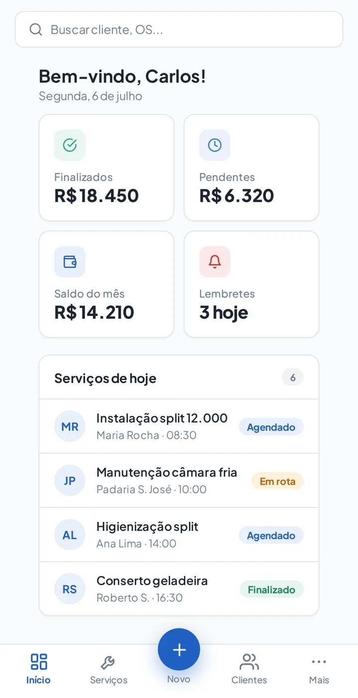 Opero Pro no celular com serviços do dia e saldo do mês
